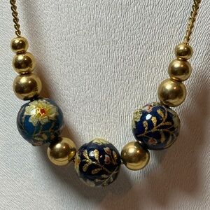 3 bead blue floral gold tone Cloisonne Beads Necklace